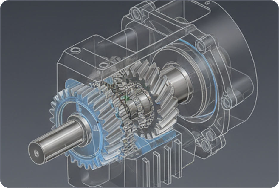 Mechanical Design Software - Main visual 3D CAD model of a gearbox assembly in BricsCAD, showing internal gears and shaft with a transparent housing overlay.