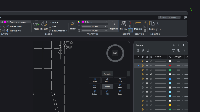 BricsCAD interface showing a 2D crane support drawing with a context menu and Layers panel open on the right.
