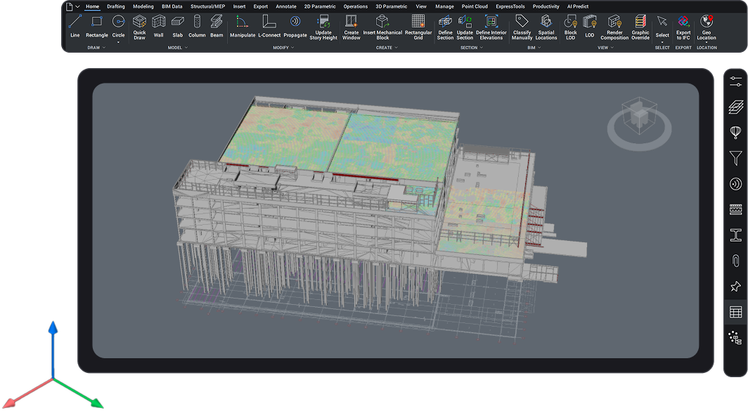 BricsCAD BIM - Octave Visual BricsCAD BIM interface showing a 3D multi-story building model with scaffolding on the side and an IFC import settings panel open on the right.