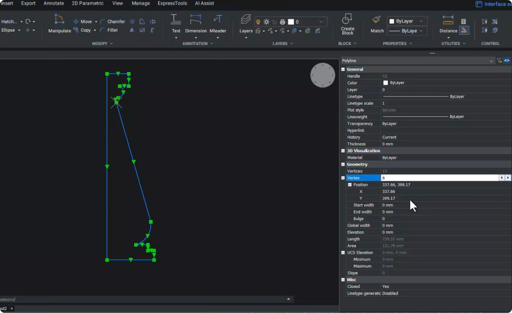 Polyline editing BricsCAD properties panel