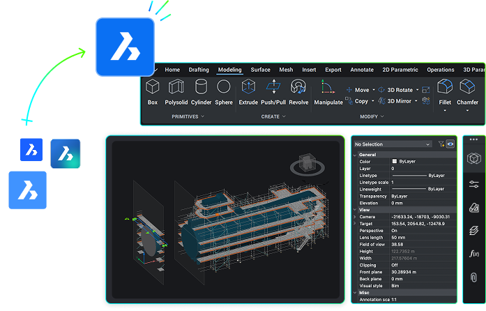 Why upgrade - main visual BricsCAD interface showing a 3D industrial submarine model with the Modeling toolbar and properties panel visible.