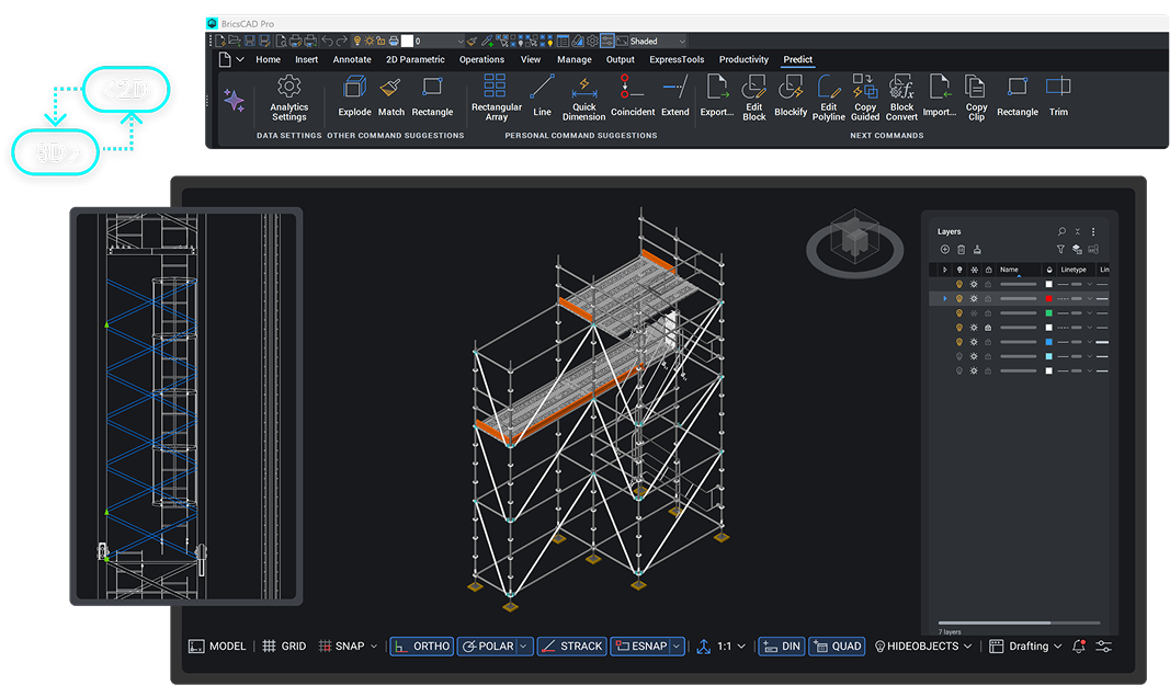 BricsCAD Pro - Octave Visual BricsCAD interface showing a 3D model of a multi-story building with scaffolding, alongside 2D floor plan views in the layout panel.