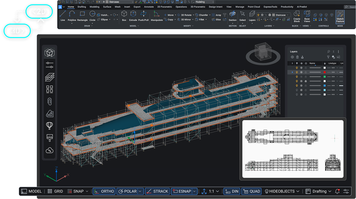 Antarmuka BricsCAD Pro untuk workflow CAD 2D dan 3D