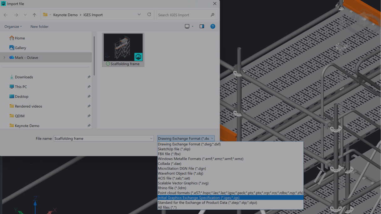 Leverage general file formats for detailed 2D documentation BricsCAD import dialog showing a scaffolding frame IGES file selection with a 3D scaffolding model visible in the background.