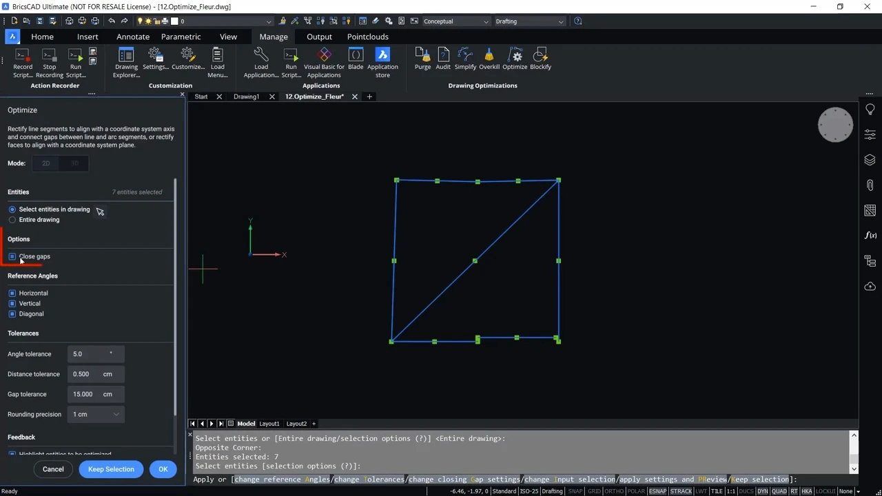 How to use OPTIMIZE 2D command in BricsCAD 3,57