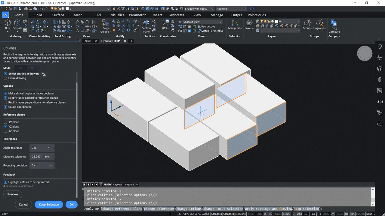 How to use OPTIMIZE 3D command in BricsCAD 6,42-6,47