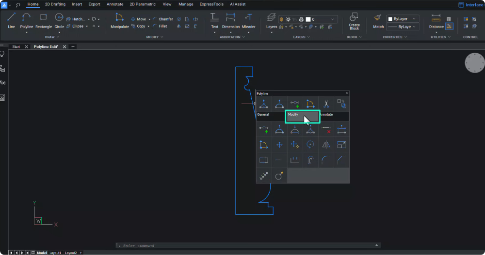 polyline editing bricscad modify pane