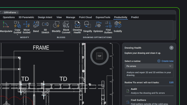 BricsCAD interface displaying a 2D wireframe technical drawing of an industrial piping or mechanical system layout.