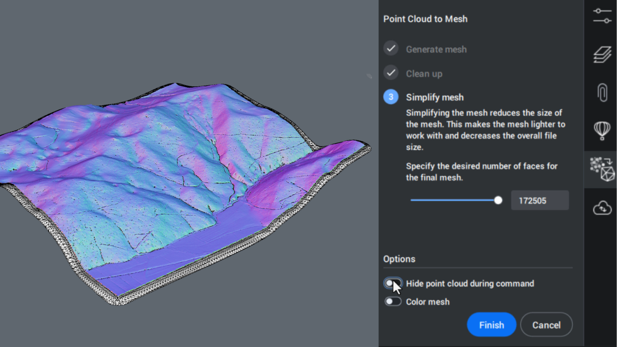 Share point cloud data more easily with mesh objects BricsCAD interface showing a colorful 3D terrain mesh generated from a point cloud, with the Point Cloud to Mesh panel open.