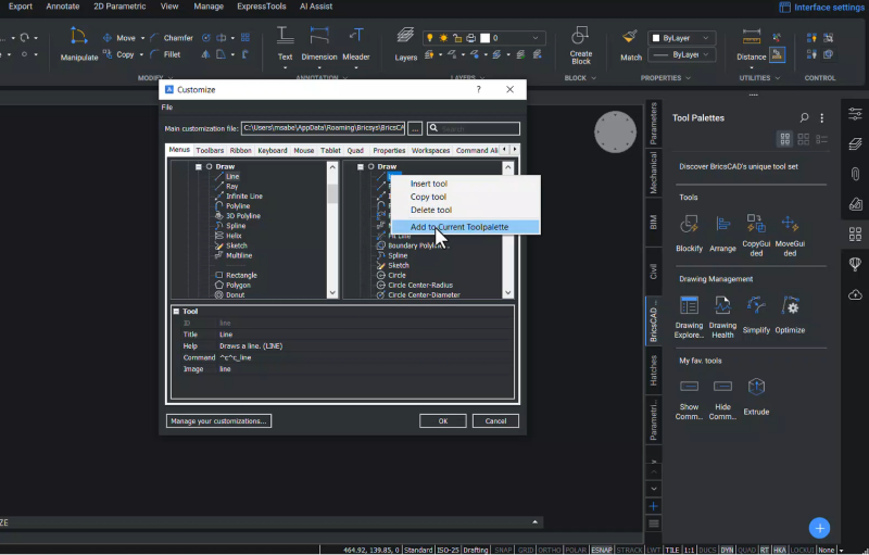 BricsCAD Tool Palette Entities