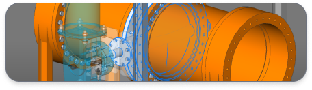 Communicator asset 3 3D CAD model of an industrial pipeline assembly with orange cylindrical pipes and flanged connections in BricsCAD.