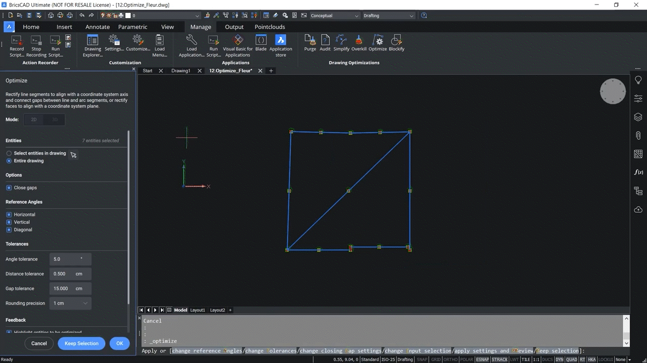 How to use OPTIMIZE 2D command in BricsCAD 3,33-3,36