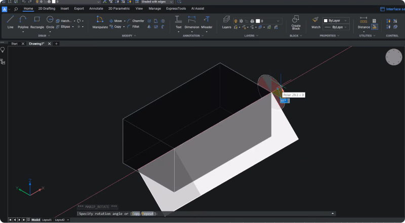 在 BricsCAD 中旋轉 3D 物件