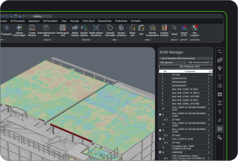 BIM toolset - Octave BricsCAD BIM interface showing a 3D structural model of a multi-story building with red floor slabs and scaffolding metal framing .