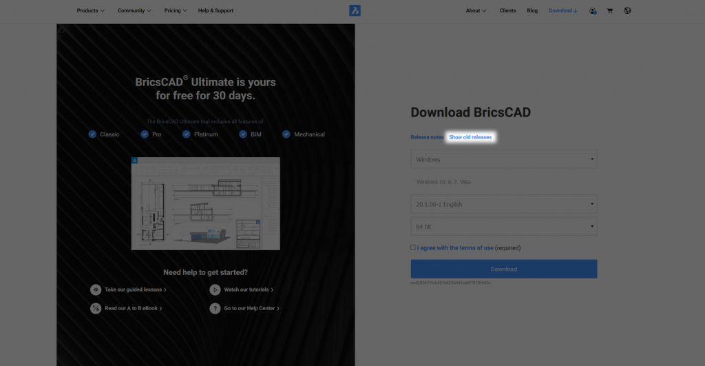 How to Download Your Free Trial of BricsCAD V21- old releases-1024x531