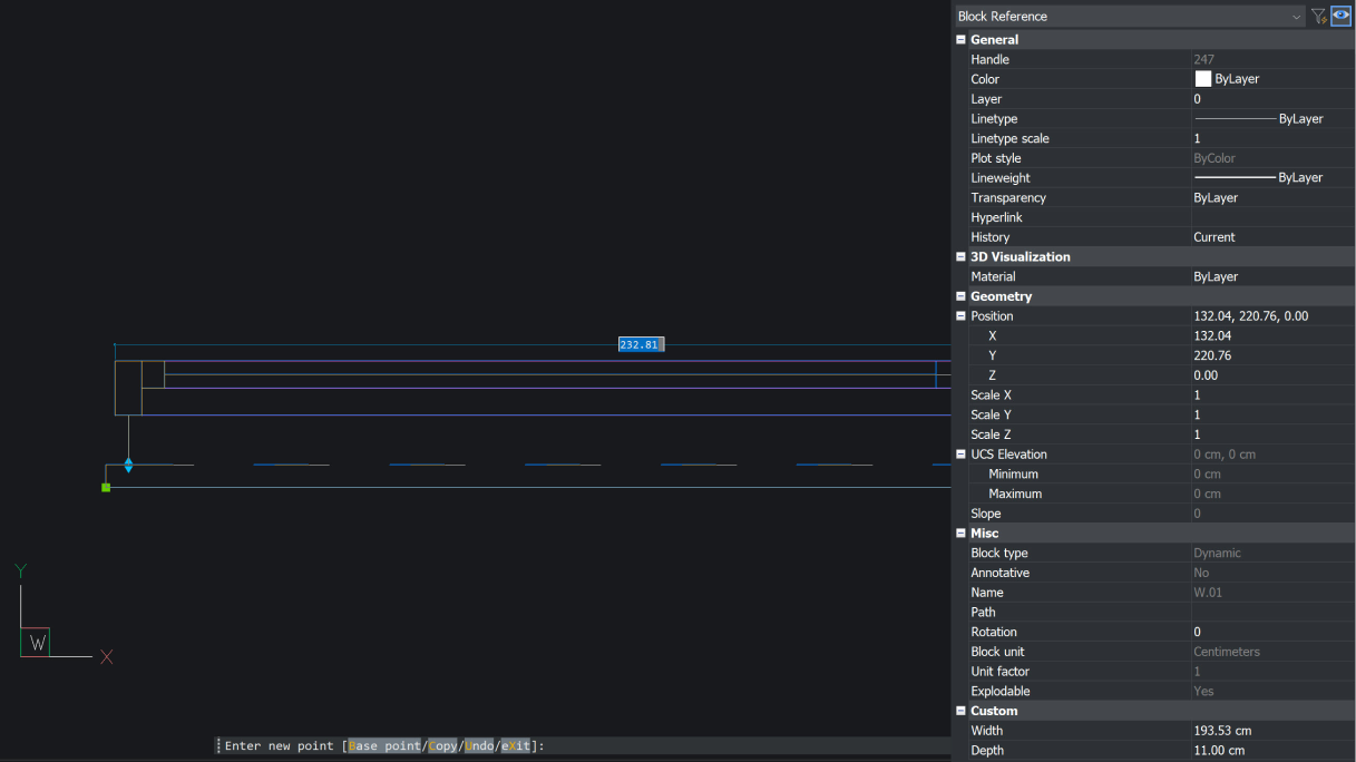BricsCAD interface showing a 2D wall block reference with properties panel displaying geometry, position, and custom width and depth values.