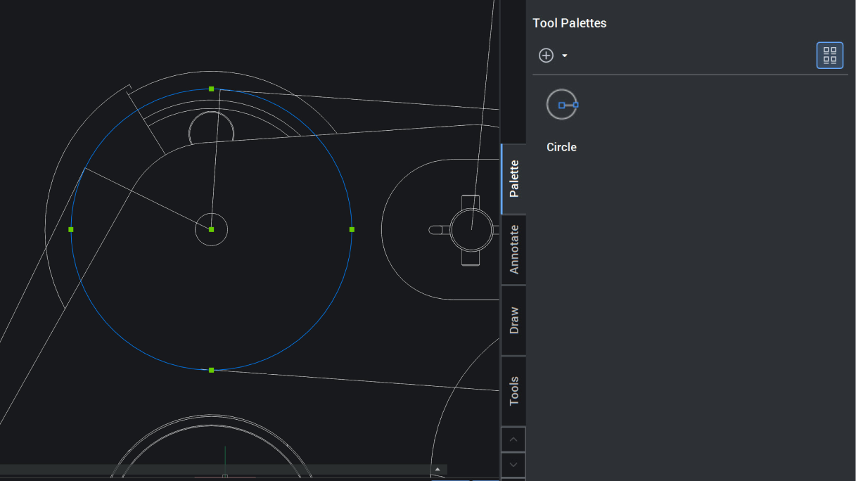 Customizable Tool Palettes - Visual BricsCAD interface showing a 2D mechanical drawing with circles and the Tool Palettes panel open displaying a Circle tool.