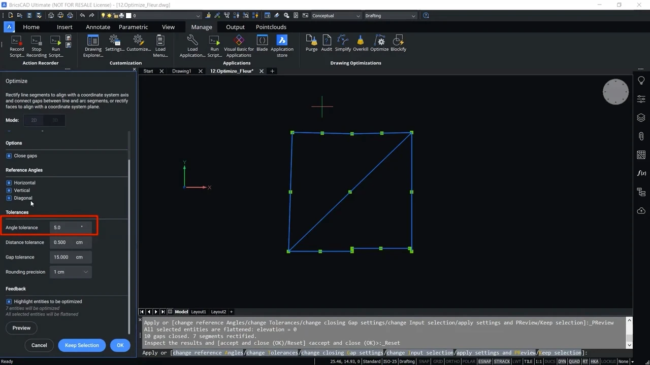 How to use OPTIMIZE 2D command in BricsCAD 4,21