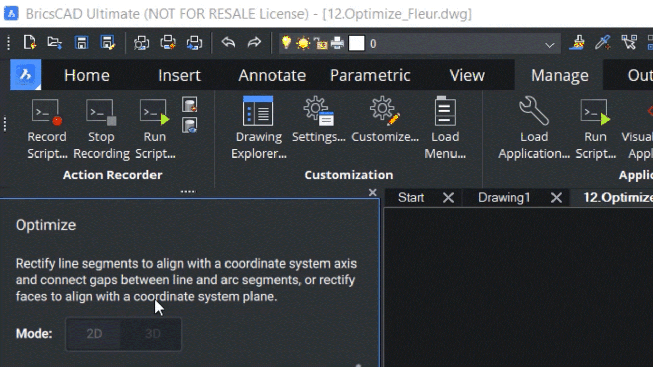 How to use OPTIMIZE 2D command in BricsCAD 2,55-2,58