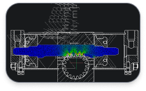 BricsCAD interface showing a 2D technical drawing of a mechanical assembly with a gear, shaft, and a colorful stress analysis overlay.