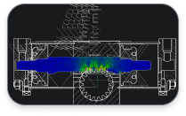 Communicator asset 1 BricsCAD interface showing a 2D technical drawing of a mechanical assembly with a gear, shaft, and a colorful stress analysis overlay.