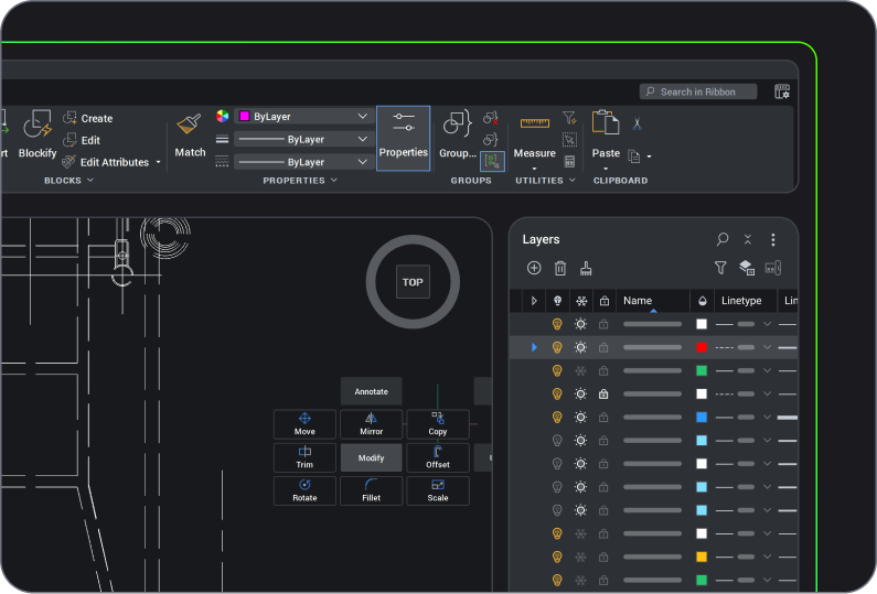 BricsCAD interface showing a 2D top-view drawing with the 2D drafting ribbon on the top, and a Layers panel on the right.