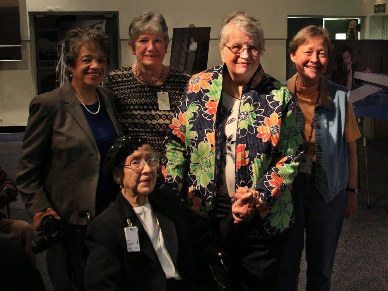 Women in Engineering History- NASA human computers - l to r Christine Darden - Katherine Johnson - Janet Stephens - Katherine Smith - Sharon Stack-768x576