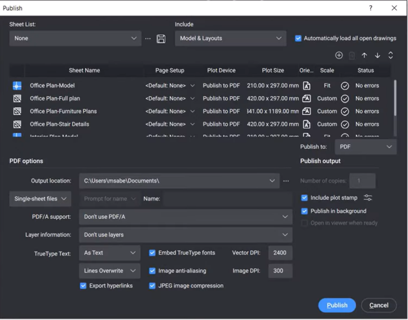 BricsCAD Publish Dialog