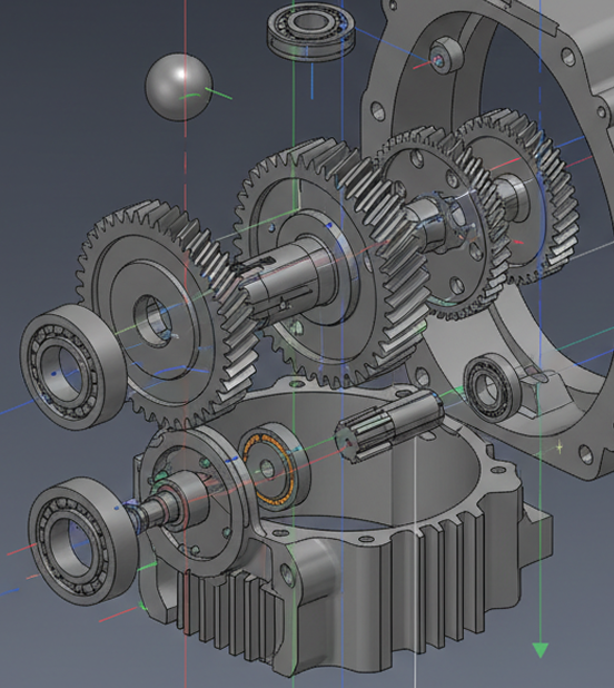3D CAD model of an exploded gearbox assembly with multiple gears, bearings, shafts, and housing in BricsCAD.