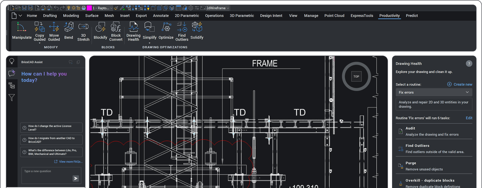 BricsCAD interface showing 2D industrial plant drawings with the Drawing Health panel open, listing DWG repair tasks.