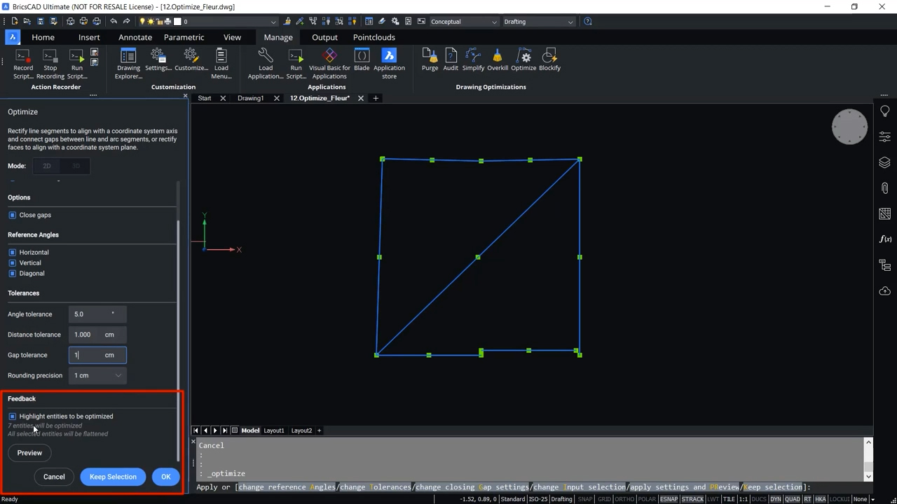 How to use OPTIMIZE 2D command in BricsCAD 5,33