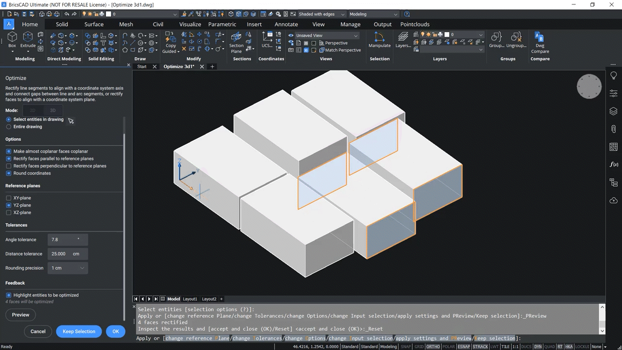 How to use OPTIMIZE 3D command in BricsCAD 6,56-7,01