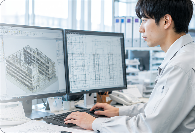 A man in a white coat works at dual monitors displaying a 3D building model and architectural floor plans in CAD software.