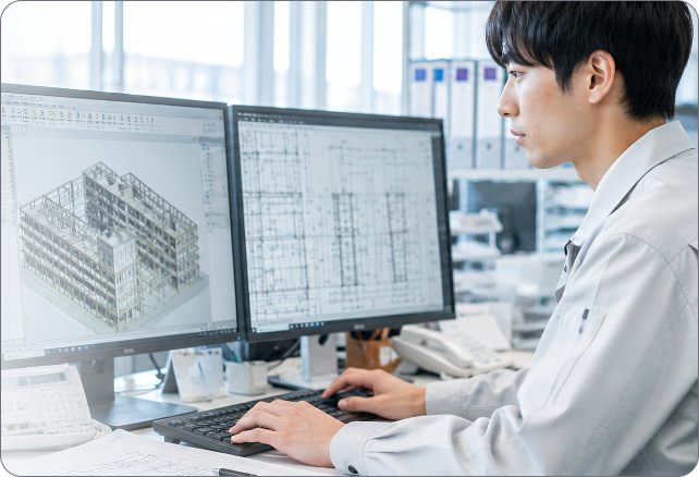 BIM vs CAD: understanding the difference - Visual A man in a white coat works at dual monitors displaying a 3D building model and architectural floor plans in CAD software.