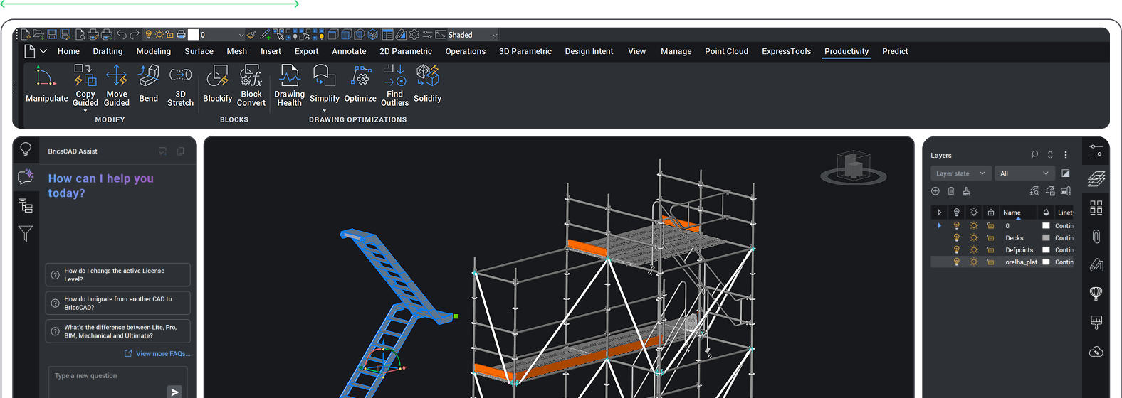 BricsCAD interface showing the INTERFERE tool with a 3D ship model and the Interference Manager panel open.