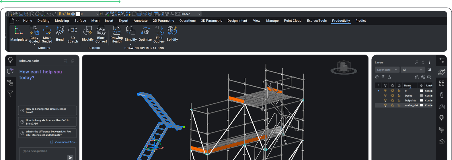Toolset 3D Modeling - Dark BricsCAD interface showing the INTERFERE tool with a 3D ship model and the Interference Manager panel open.