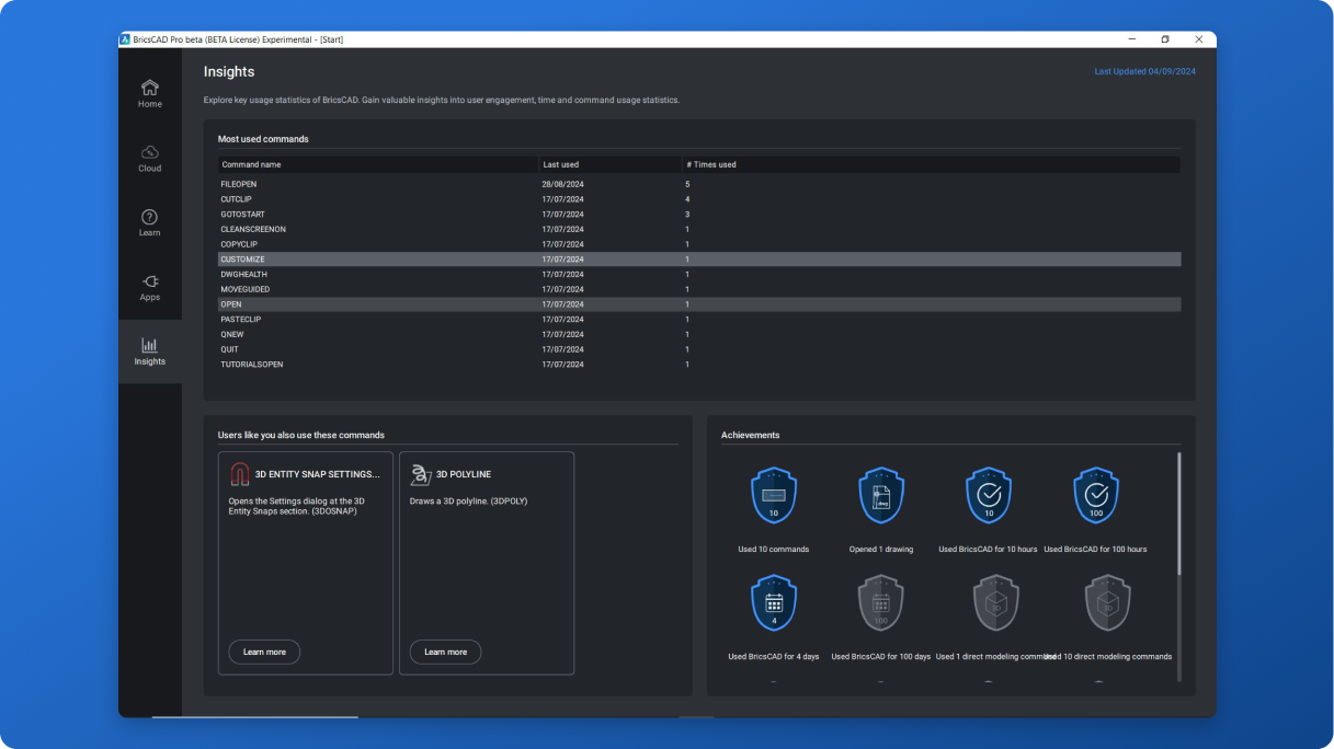 BricsCAD V25 In product usage data and insights