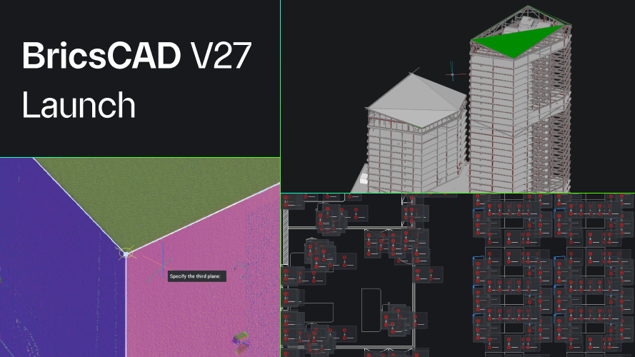 BricsCAD V27 Launch graphic showing a 3D building model, a point cloud, and an electrical schematic drawing.