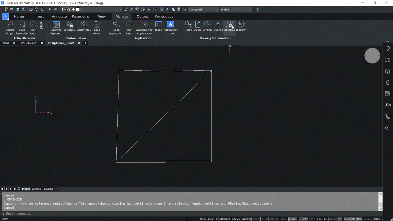 How to use OPTIMIZE 2D command in BricsCAD 2,21-2,26
