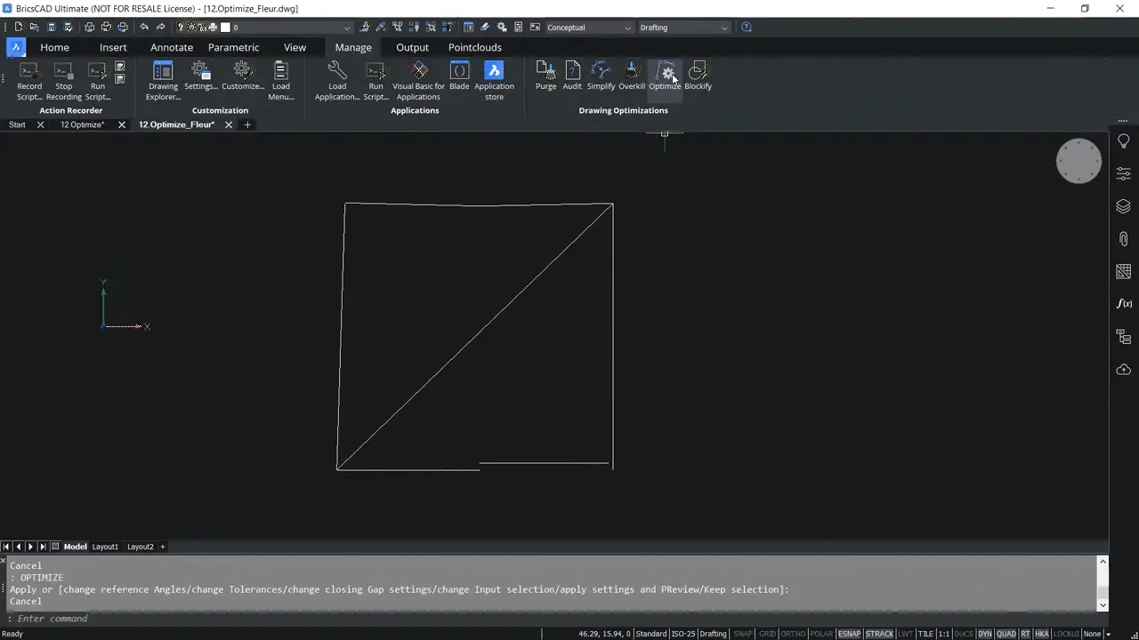 How to use OPTIMIZE 2D command in BricsCAD 2,21-2,26