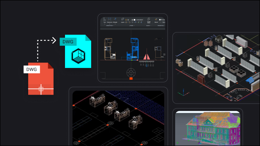 Migrate smoothly from your current CAD solution BricsCAD interface showing DWG file conversion, 2D floor plans, 3D warehouse layout, and a colorized point cloud building model.