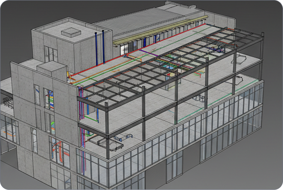 Construction CAD & BIM - Main visual 3D BIM model of a multi-story building showing structural framework with colorful MEP pipes and conduits running through floors.