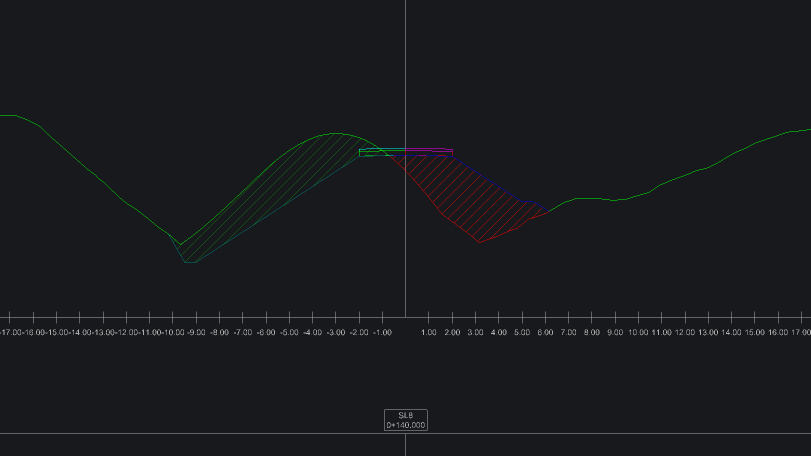 Calculate earthworks from section-based workflows BricsCAD interface showing a cross-section profile with green terrain lines and hatched cut-and-fill areas in white and red.