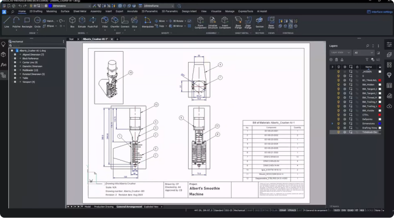 Desene de ansamblu general în BricsCAD Mechanical