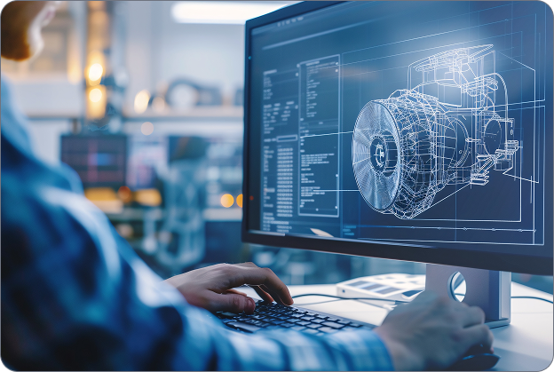 Engineering Drawing Software - Main visual Engineer working at a computer displaying a 3D CAD wireframe model of a turbine engine in a workshop.