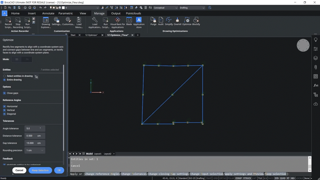 How to use OPTIMIZE 2D command in BricsCAD 2,13-2,17