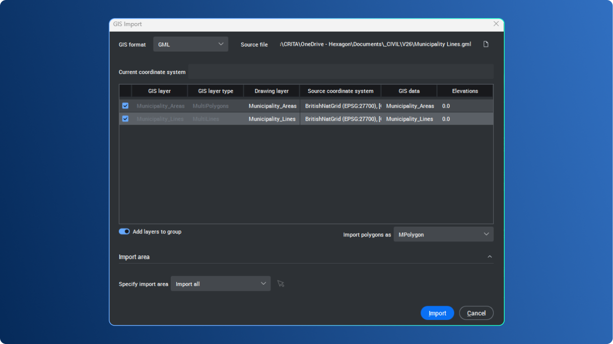 GIS import and export for GML files