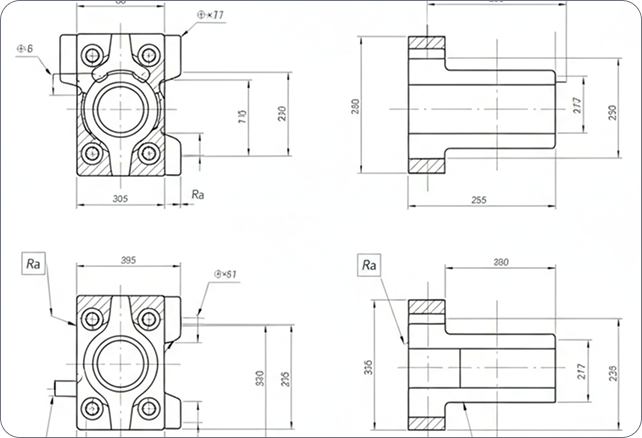 Four-view CAD technical drawing of a mechanical block component with dimensions, showing front, side, and cross-section views.