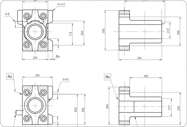 What is mechanical design software? - Visual Four-view CAD technical drawing of a mechanical block component with dimensions, showing front, side, and cross-section views.