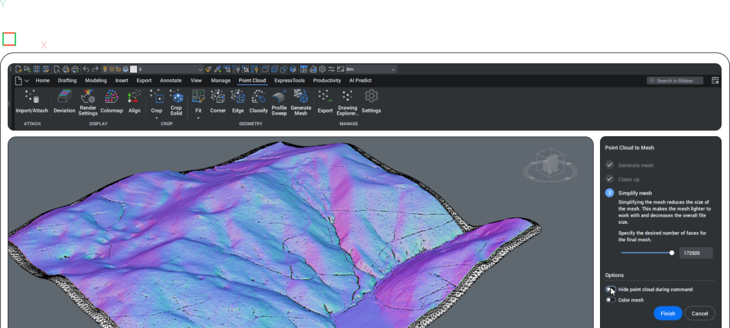 BricsCAD BIM interface showing a 3D urban site model with buildings and trees, alongside a 2D landscape layout view.